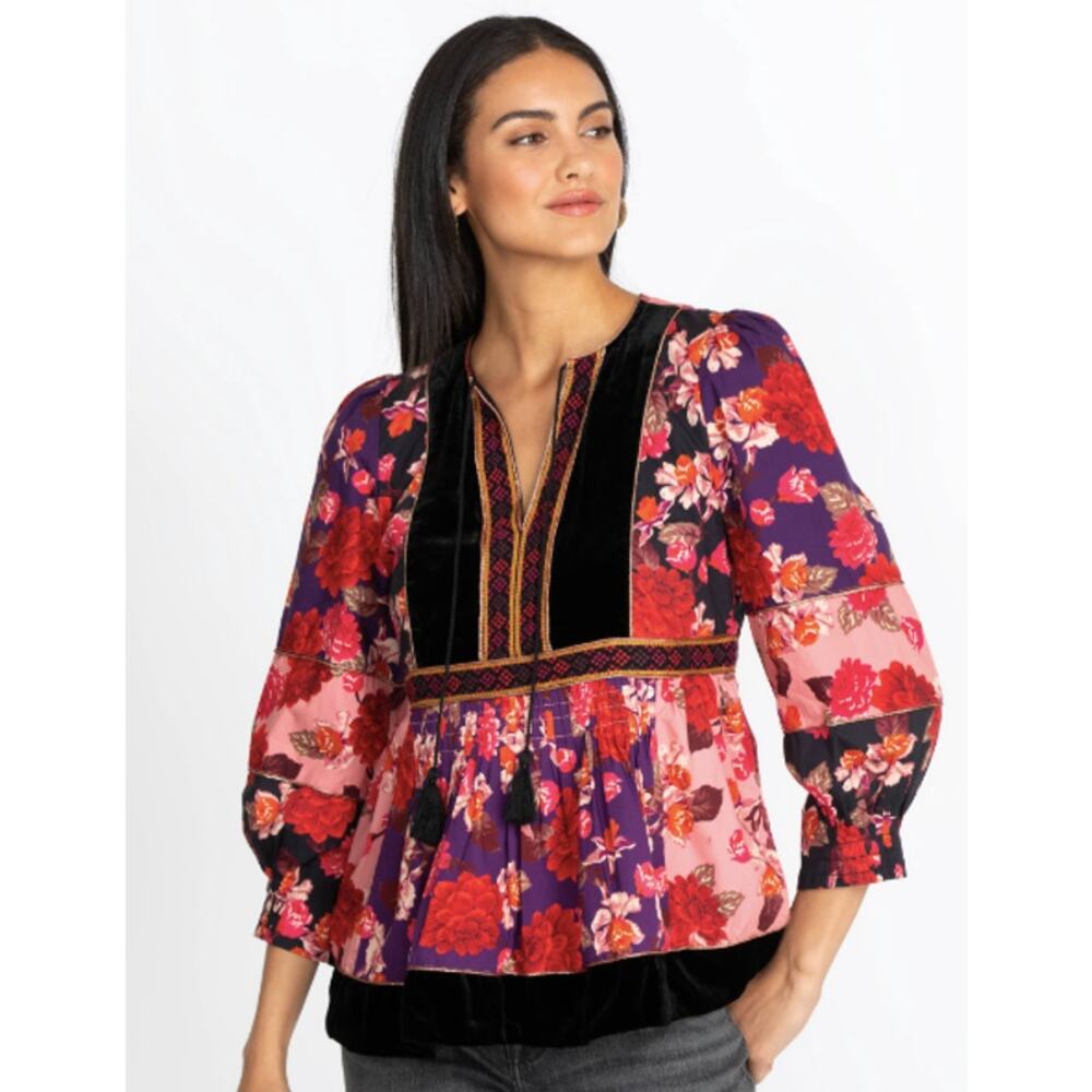 Johnny Was Kimmy Floral V-Neck Peasant Top Shirt Blouse Size Large